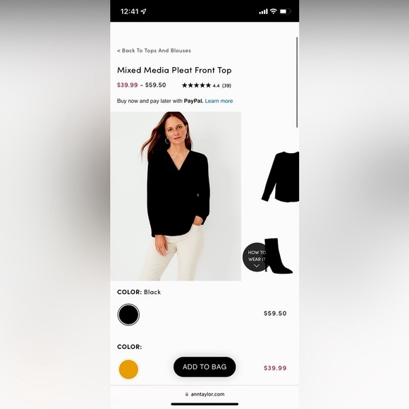 Ann Taylor Mixed Media Pleat front long sleeve black blouse- has pockets XS - Picture 2 of 7